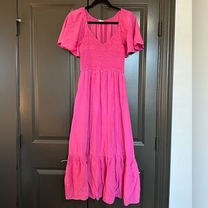 August Sky Bright Pink Smocked Midi Dress with Flutter Sleeves — Size S
